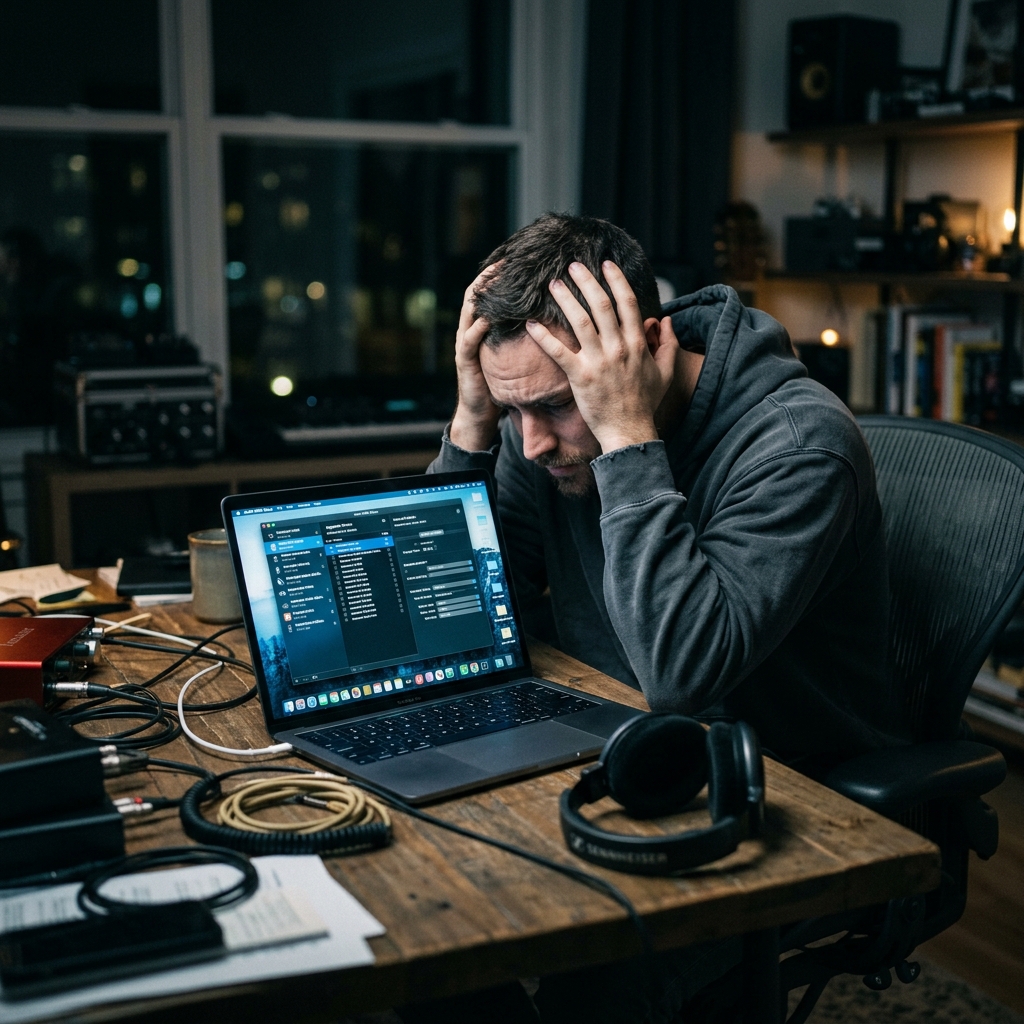 A person sitting at a desk with a sleek MacBook, looking deeply frustrated and holding their head in their hands