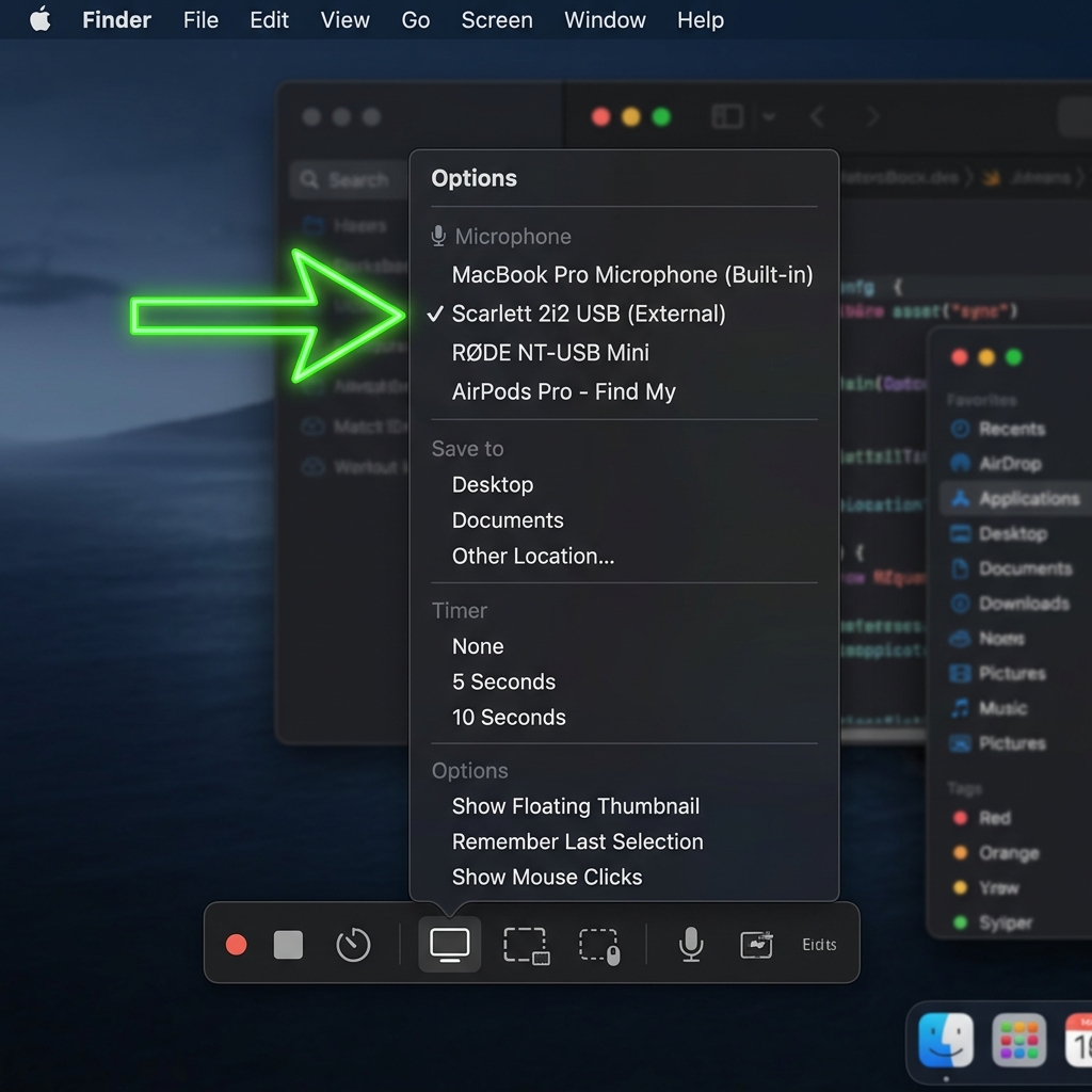 A mockup of the Mac screen recording Options menu showing the hidden Microphone selection list