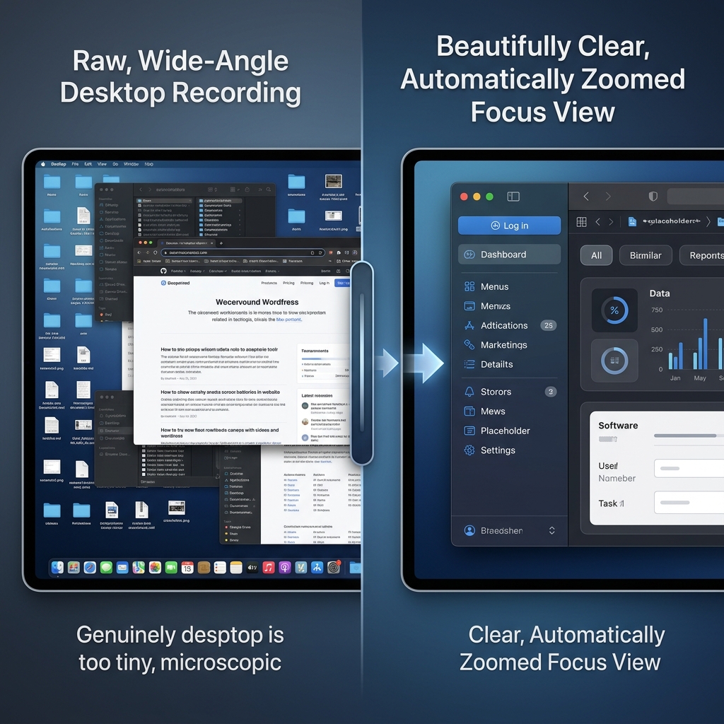 A side-by-side comparison of a raw, tiny-text Mac desktop recording vs. a crystal-clear, automatically zoomed focus area.