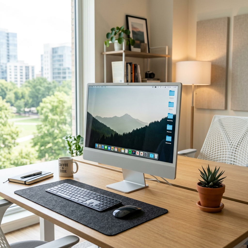 A bright, modern office setup showing a sleek Mac computer with a well-organized desktop, representing a professional digital workspace.
