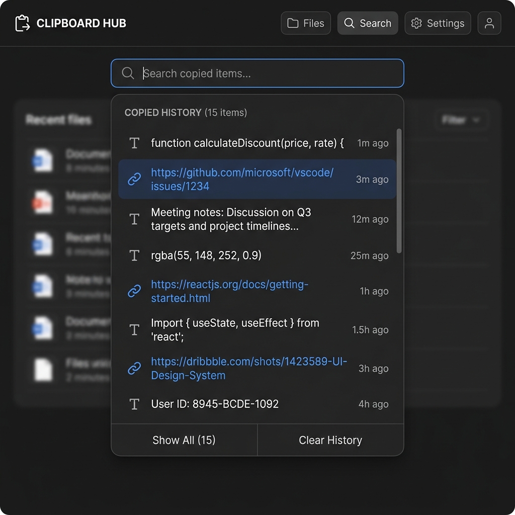 A user opening a dropdown clipboard history menu showing copied text list.