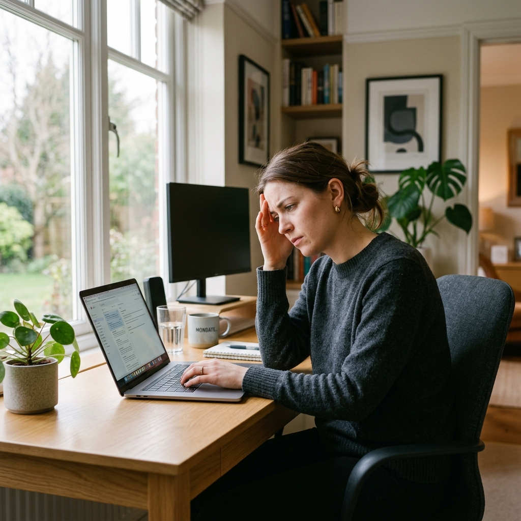 User looking annoyed while working on their laptop.