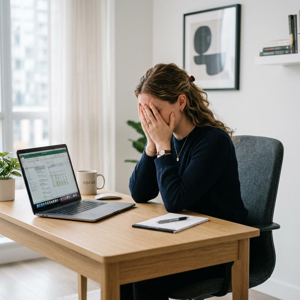 A person sitting at a desk with a laptop, looking frustrated and holding their head in their hands after losing copied text on Mac.