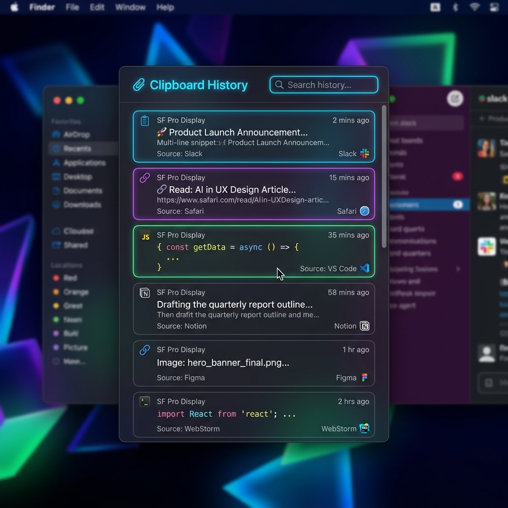 A software popup menu displaying a list of previously copied text snippets.