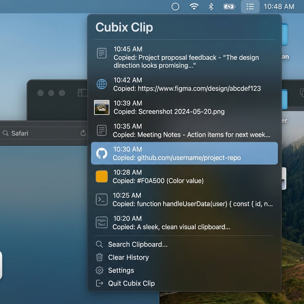 A clean screenshot showing a sleek drop-down menu of copied text snippets and links on a Mac screen, demonstrating exactly what a visual history list looks like.