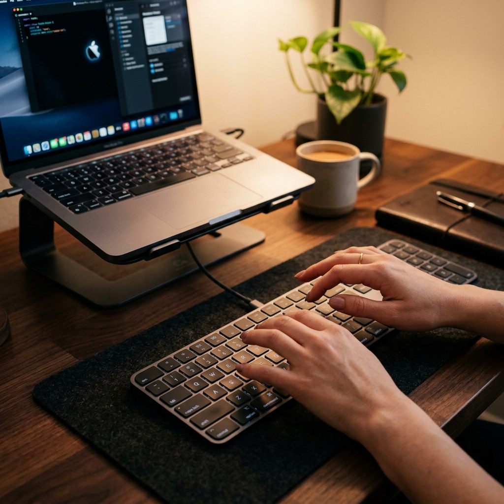 Hands hovering over a modern Apple keyboard.