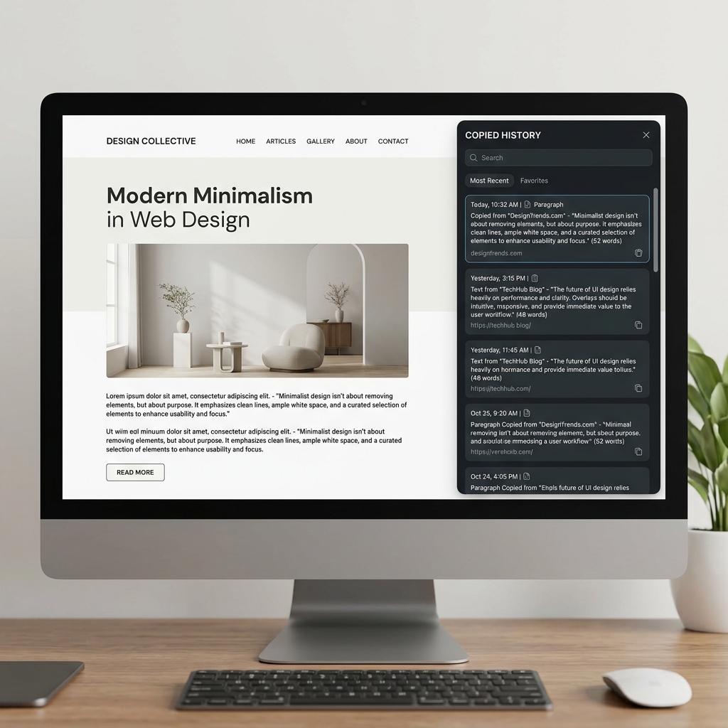 A custom clipboard manager screenshot featuring a sidebar with custom tags like Work, Design, and Personal.