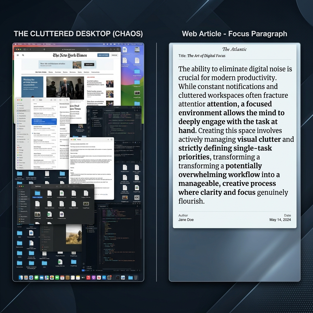Side-by-side comparison of a cluttered full Mac desktop vs a clean cropped screenshot paragraph.