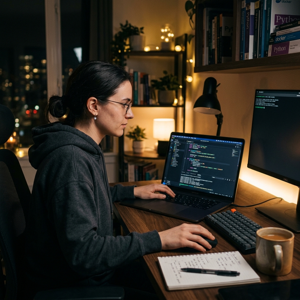 Focused developer coding on a MacBook Pro at night.
