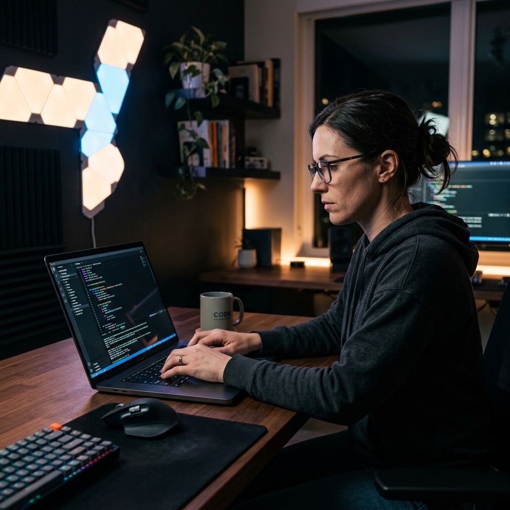 A professional software developer looking highly focused while typing on a laptop in a dark-themed workspace.