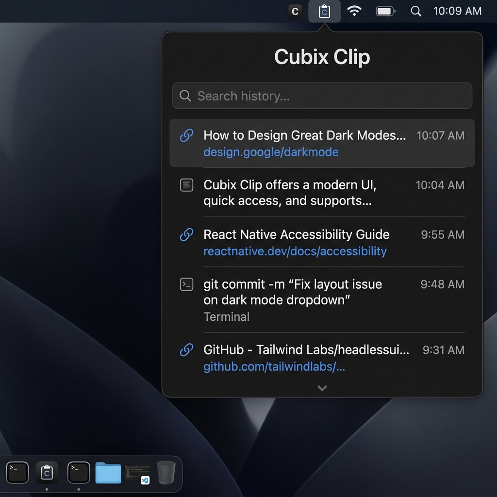 A clean screenshot showing a drop-down menu on a Mac desktop, displaying a clear list of recently copied web links (URLs) alongside short text snippets, proving how easy it is to keep them organized.