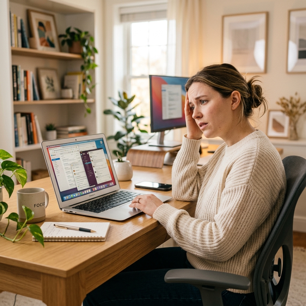 A person sitting at a desk with a laptop, looking slightly exasperated or distracted by multiple open windows.