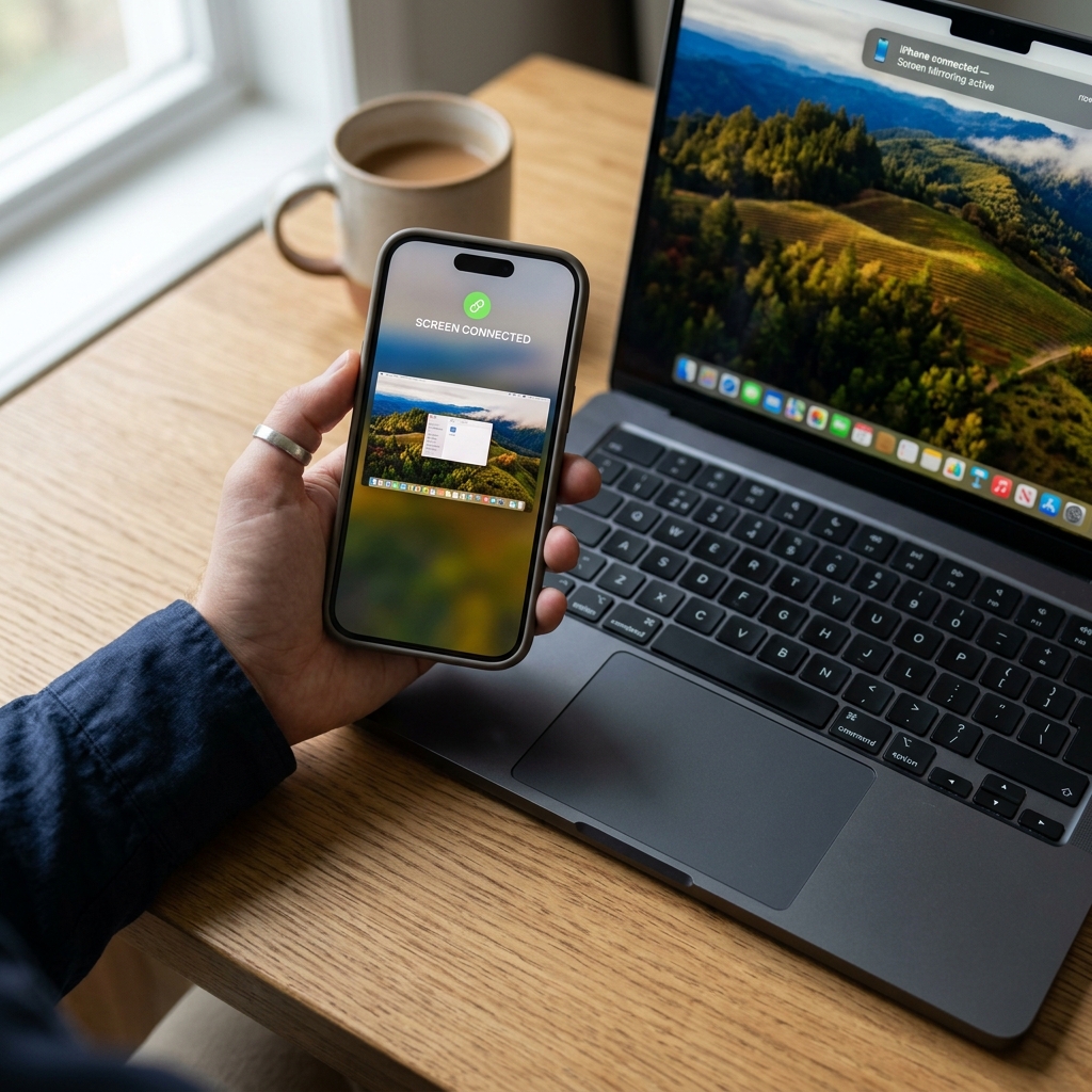 Person holding an iPhone next to an open MacBook Pro keyboard.