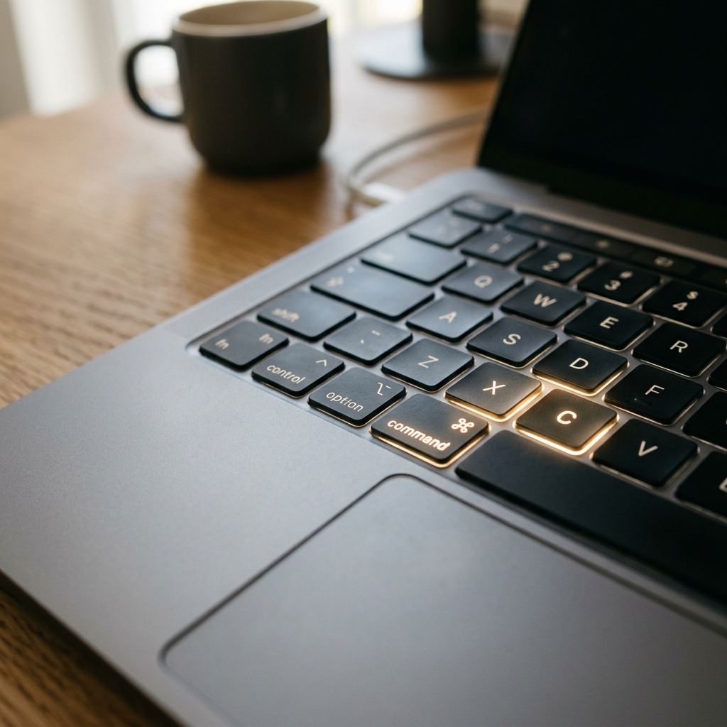 Close-up of a Mac keyboard with Command and C keys highlighted.