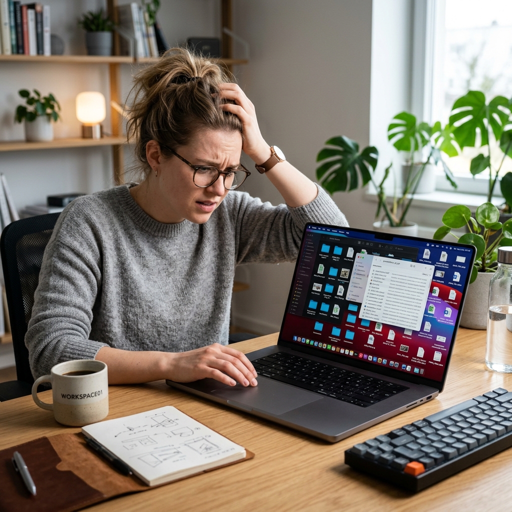 A user searching through scattered folders on a laptop display.
