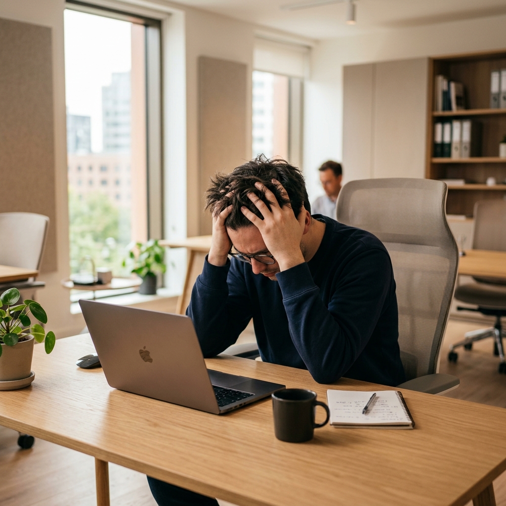 A person sitting at a desk with a laptop, looking frustrated and holding their head in their hands after losing copied text on Mac.