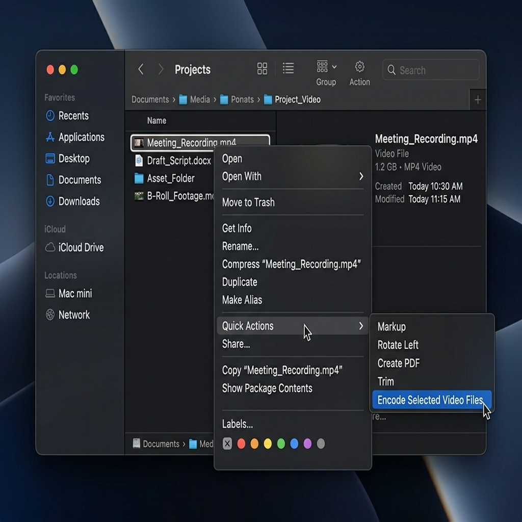 A mockup of a Mac Finder window showing the right-click 'Quick Actions' menu for encoding video