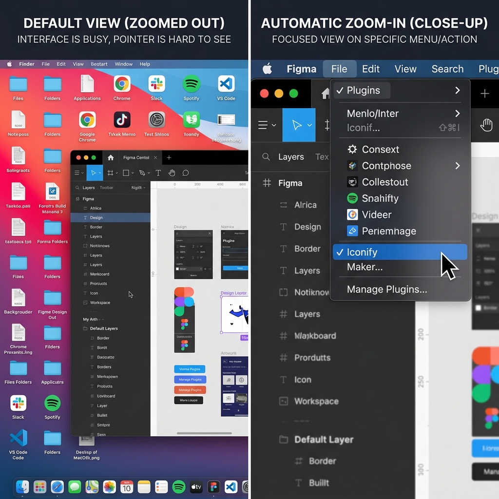 A side-by-side comparison split graphic. On the left, a raw, zoomed-out Mac desktop recording. On the right, a crystal-clear, automatically zoomed-in video focusing perfectly on a specific software menu.