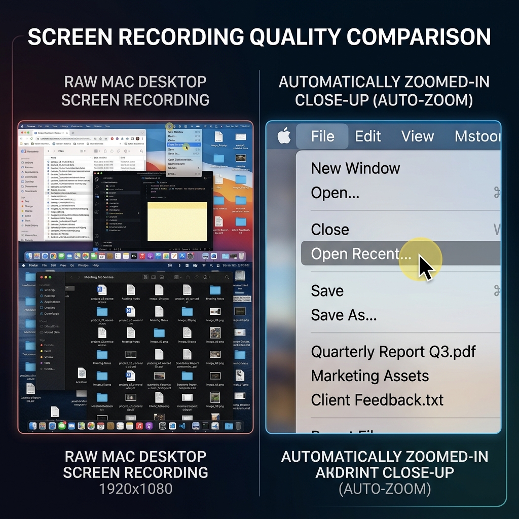 A side-by-side comparison graphic. On the left, a raw, standard Mac desktop recording where the text is tiny. On the right, a crystal-clear, automatically zoomed-in video focusing perfectly on a specific action.