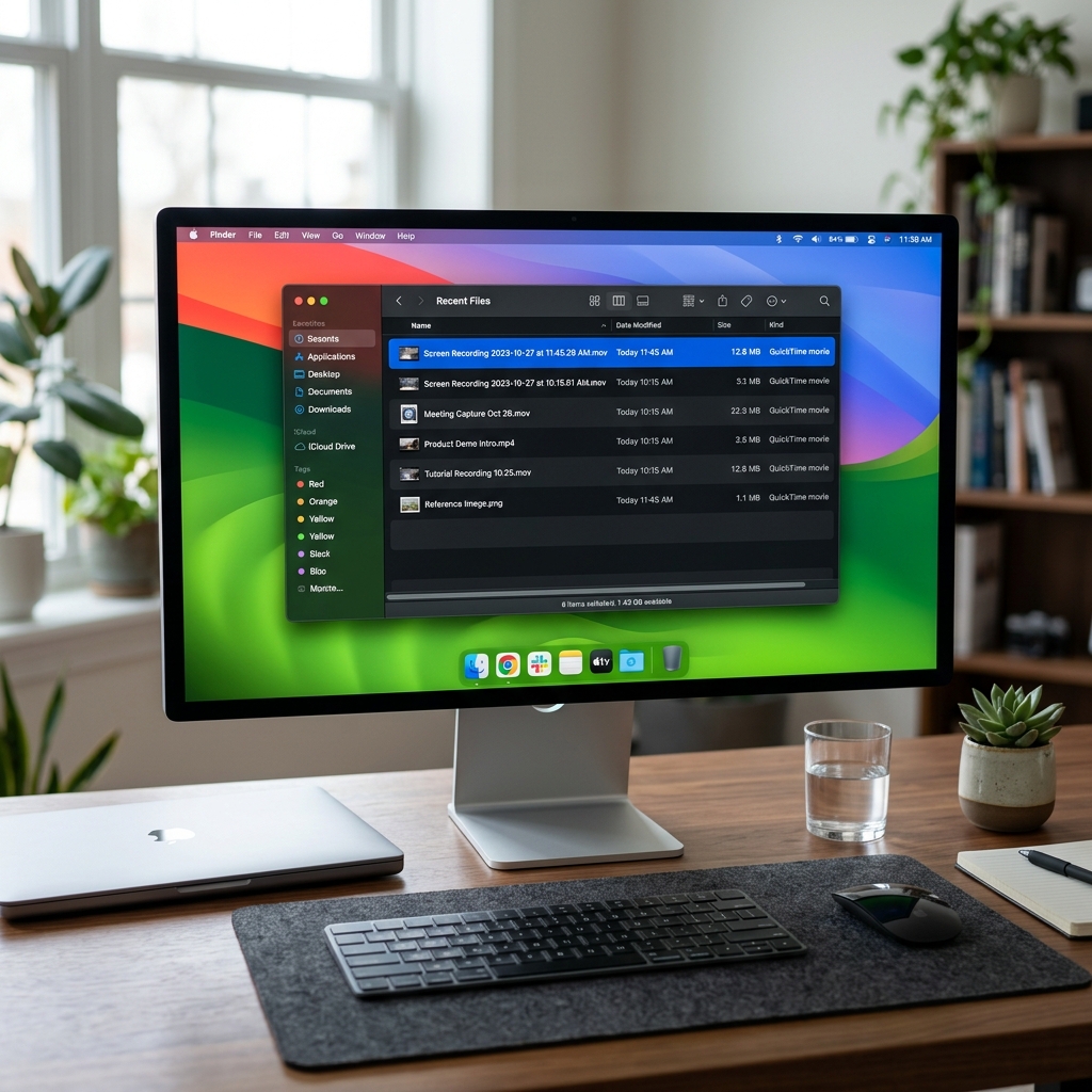 A clean macOS desktop showing Finder open with a list of recent video files, emphasizing a user easily locating their screen recordings.