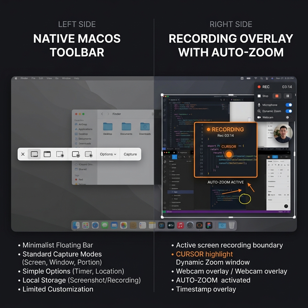 Split screen layout comparing native macOS toolbar with third party overlay.