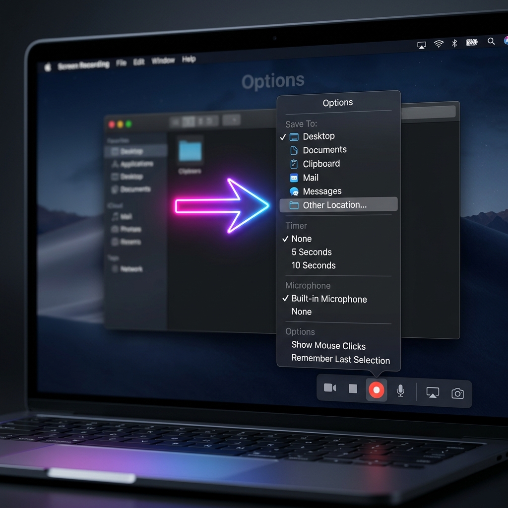 Mac screen recording Options panel highlighting the Save To configuration.