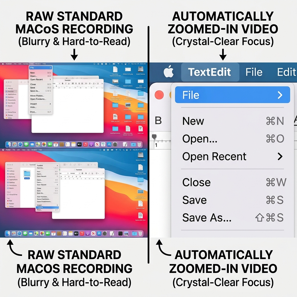 A side-by-side visual comparison. On the left, a raw, standard Mac desktop recording where the text is tiny. On the right, a crystal-clear, automatically zoomed-in video focusing perfectly on a specific software menu.