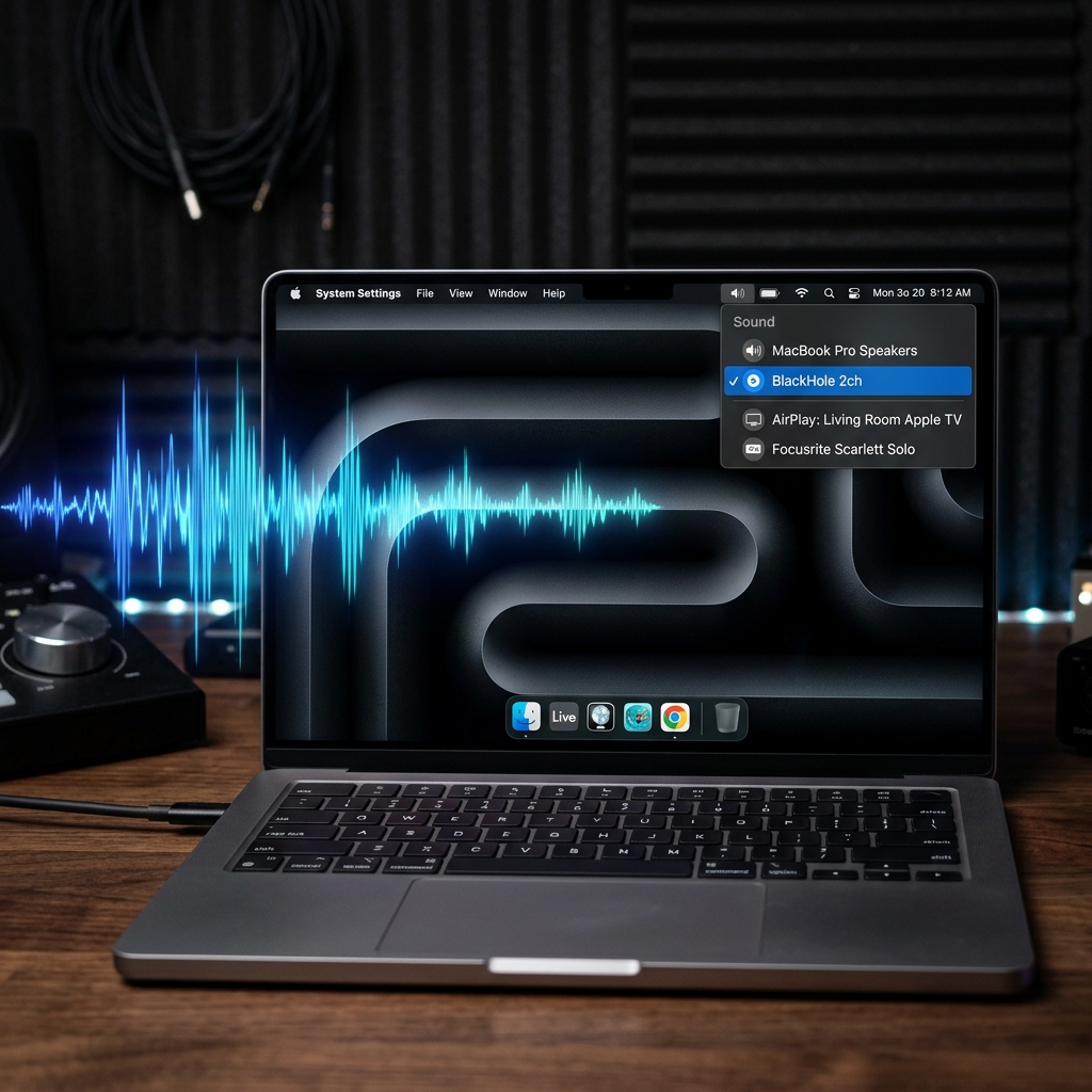 Mac System Settings displaying audio output configuration menu with virtual routing.