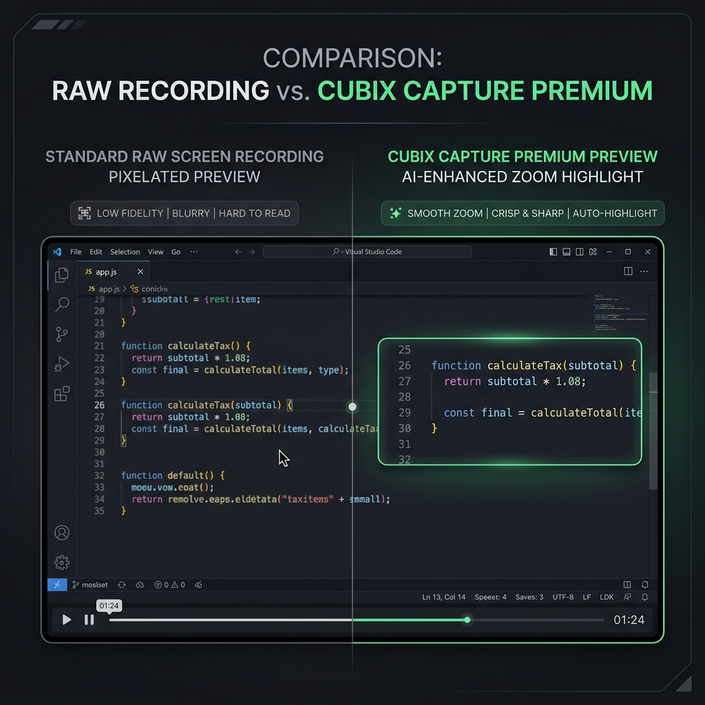 Comparison between raw macOS screen capture and Cubix Capture's auto-zoomed output.