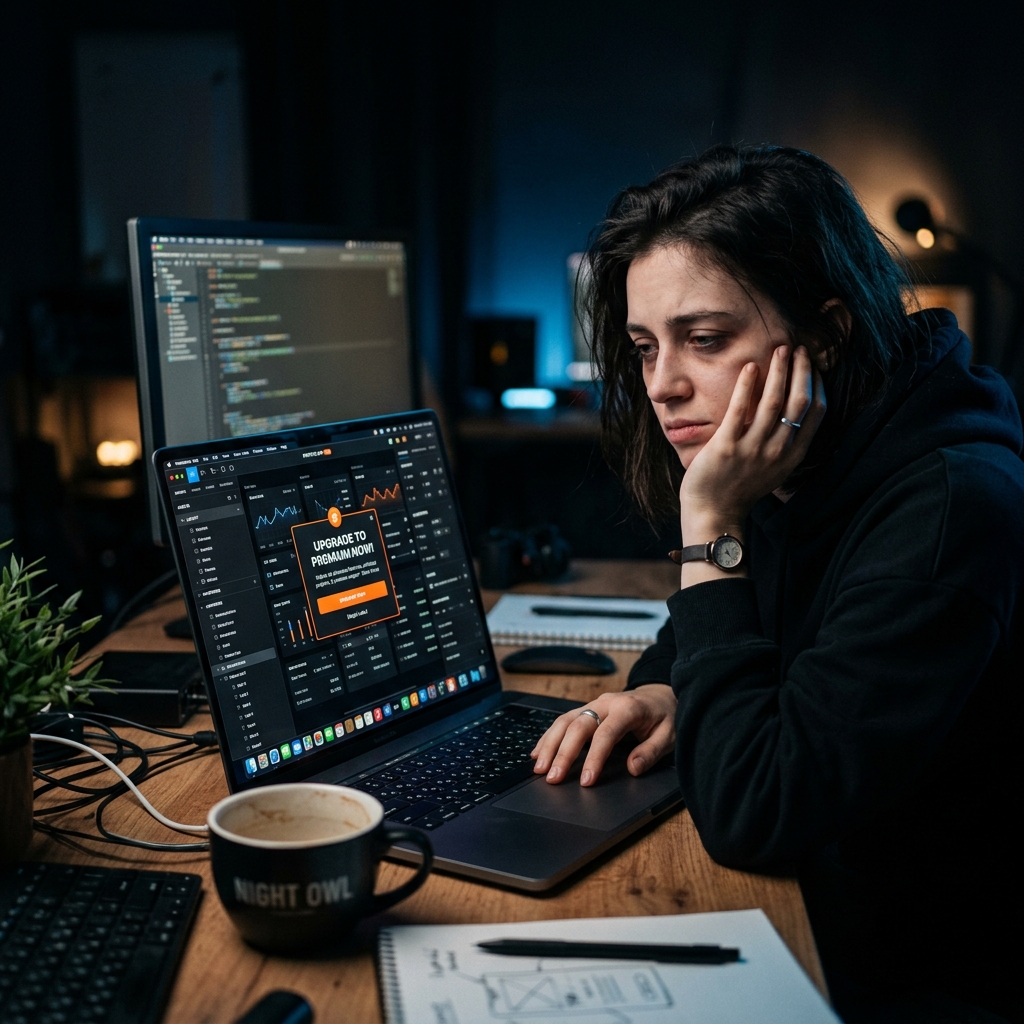 User looking frustrated at laptop filled with upgrade premium popups.