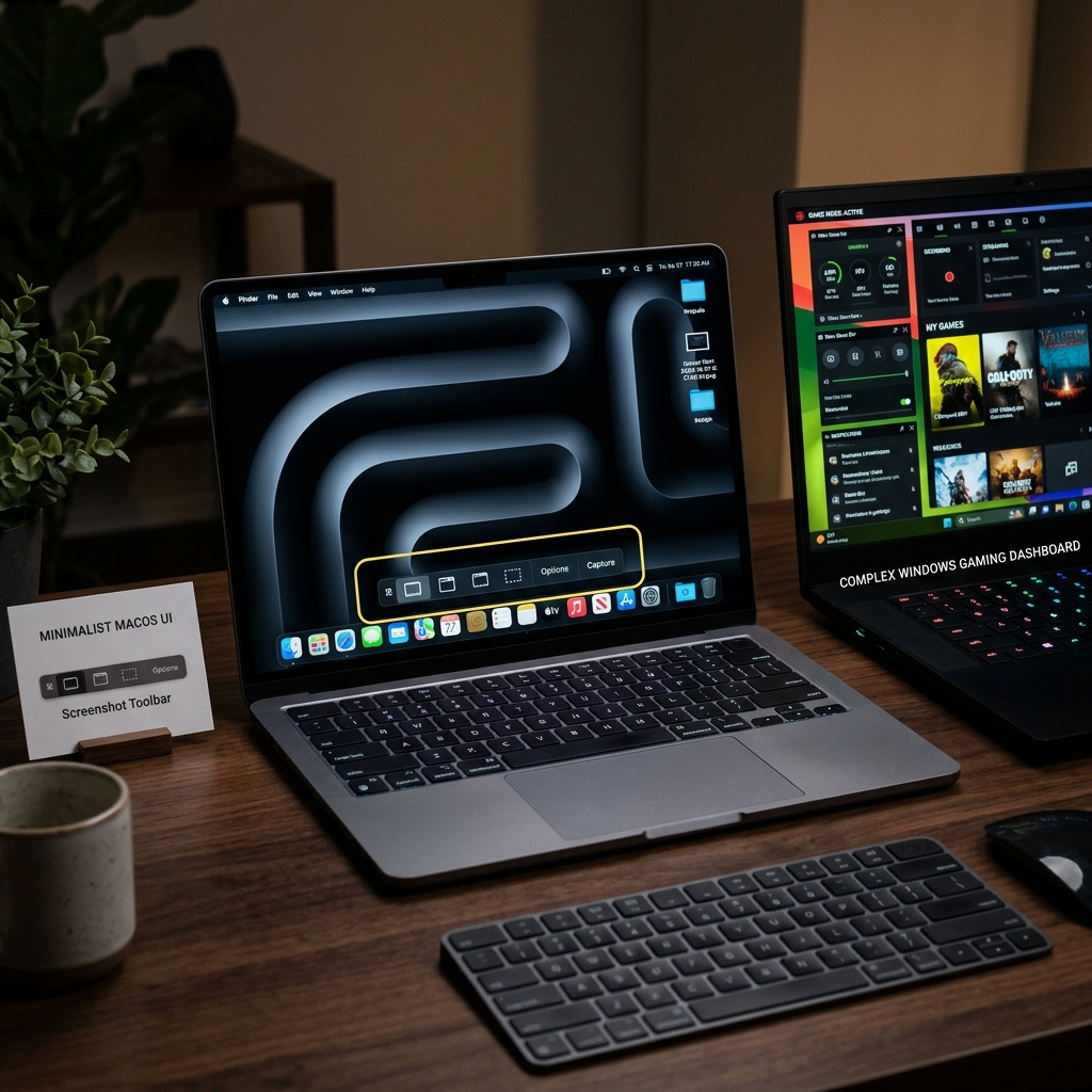 A sleek MacBook screen showcasing the minimal, floating macOS Screenshot Toolbar overlay at the bottom, highlighting the distinct difference from a heavy Windows gaming dashboard.