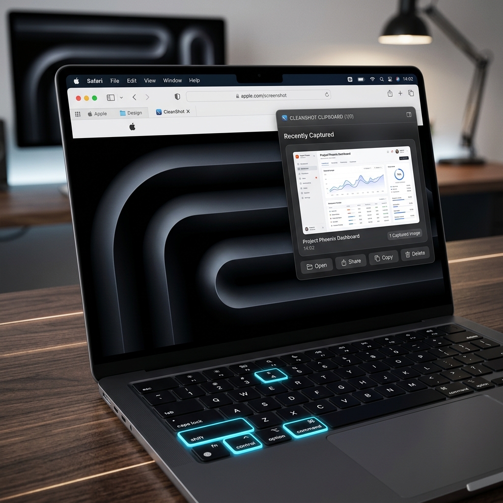 Mac displaying browser window and clipboard screenshot highlight keys.
