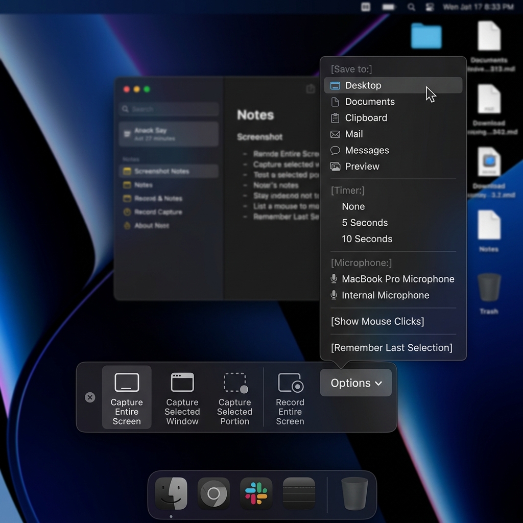 High-fidelity mockup of the macOS screenshot floating control bar showing options selection menu.