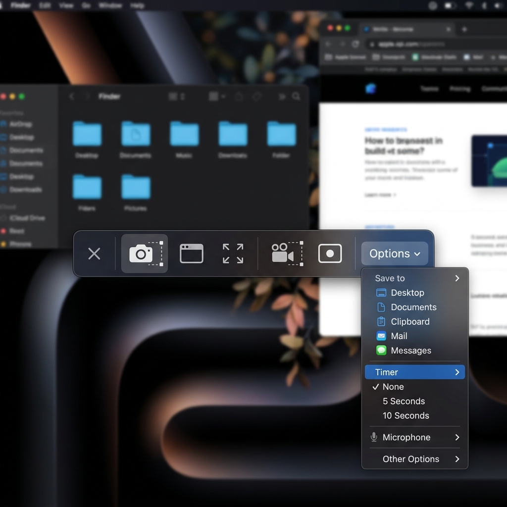 Premium close-up of a macOS desktop showing the Cmd+Shift+5 floating capture toolbar with options menu open.