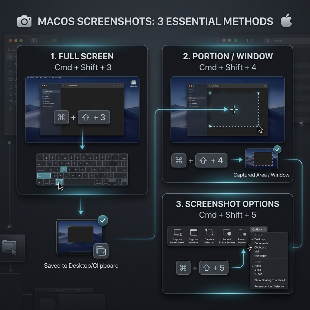 Sleek infographic diagram illustrating the main methods of taking screenshots on macOS: Cmd + Shift + 3, Cmd + Shift + 4, and the Options panel.