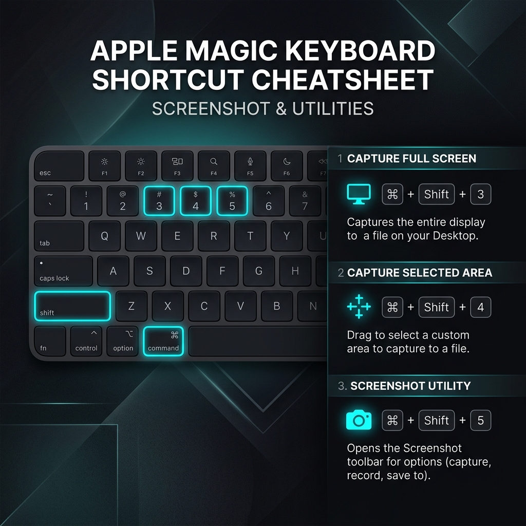 Visual cheat sheet chart highlighting Mac screenshot shortcuts Command, Shift, 3, 4, and 5 keys on a keyboard.