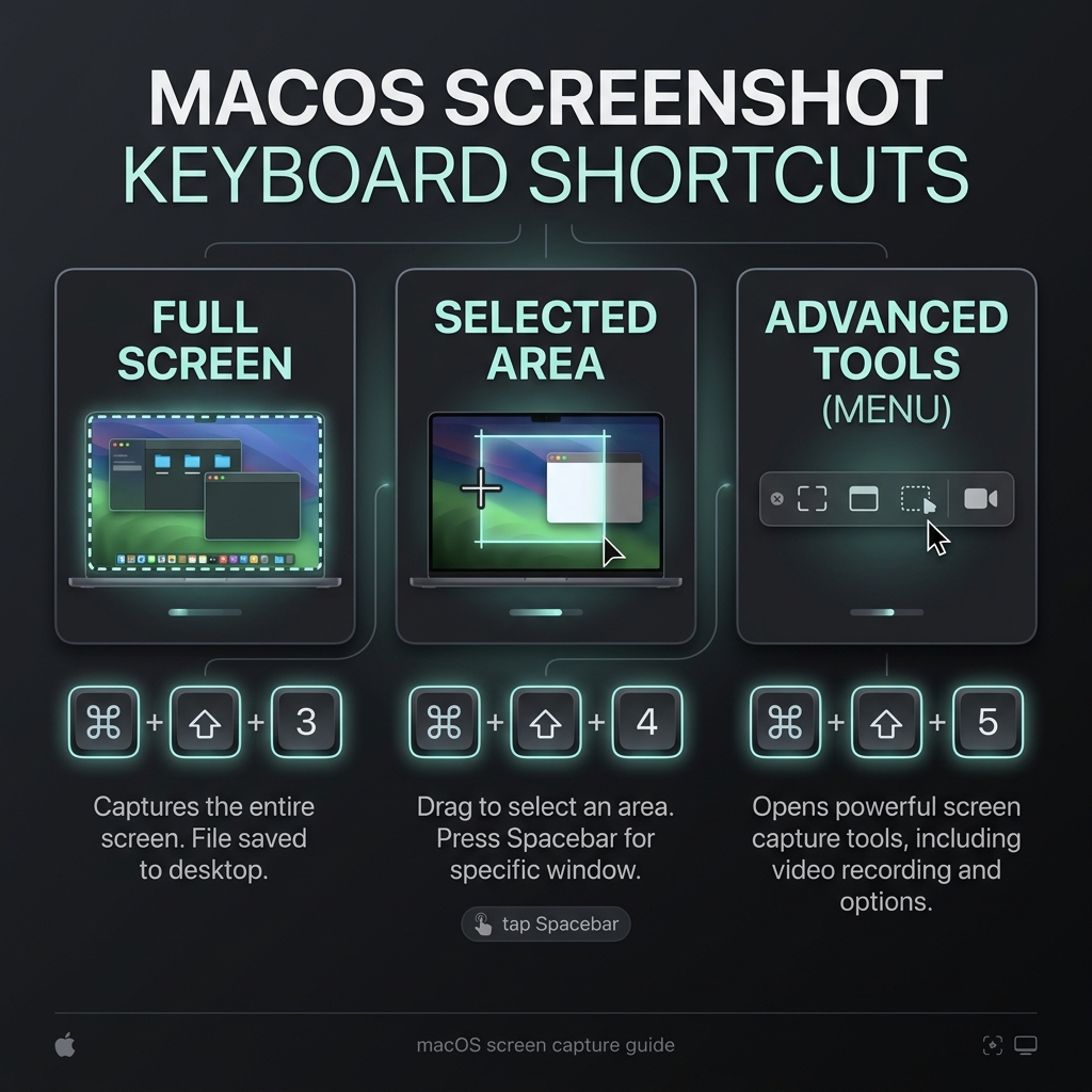 Sleek infographic diagram showcasing the main macOS screenshot keyboard shortcuts: Cmd+Shift+3, Cmd+Shift+4, and Cmd+Shift+5.