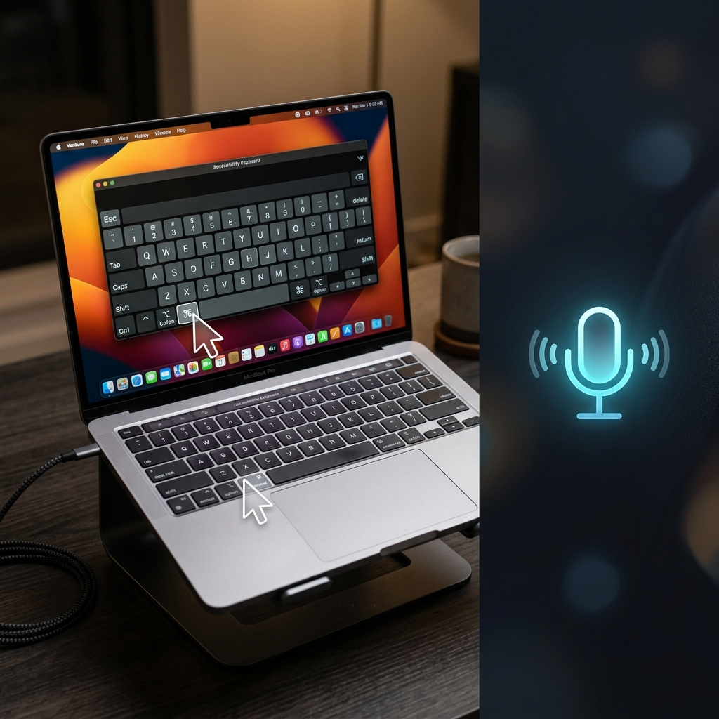 Mockup showing a MacBook displaying the virtual Accessibility Keyboard and a mouse cursor clicking command keys next to a voice microphone.