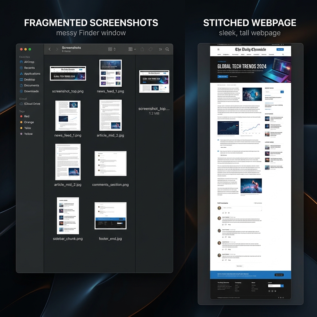 Side-by-side comparison of a messy folder of fragmented screenshots vs a clean perfectly stitched vertical image.