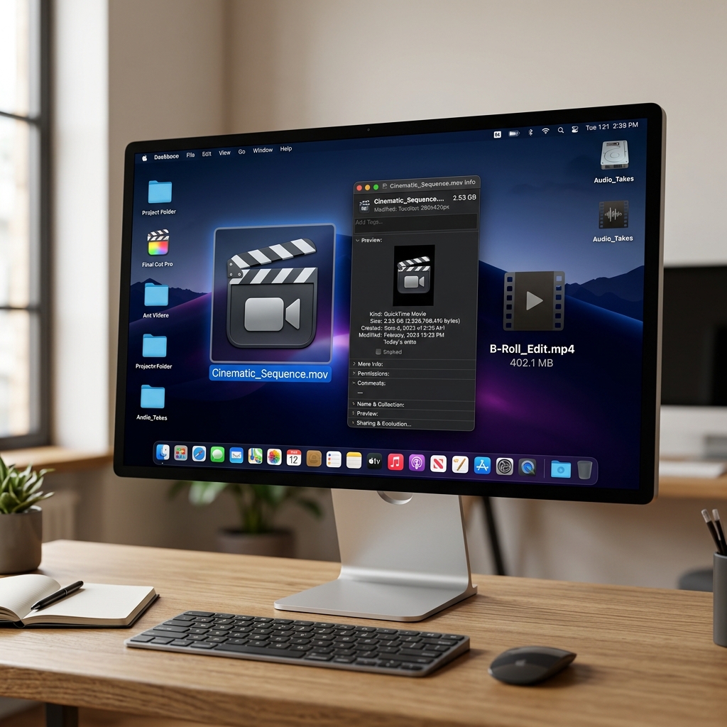 A Mac desktop mockup showing a large video file being compared to a smaller, compressed version