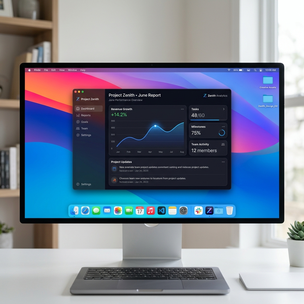 A modern, high-res Mac desktop interface showing a clean application window framed beautifully against a dynamic gradient background canvas.