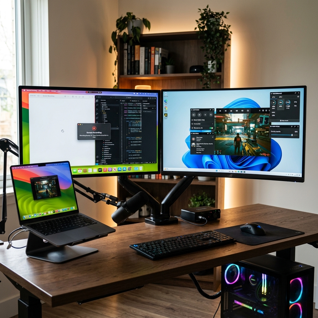 A modern, high-end desktop setup showcasing a split screen: one half displaying a sleek MacBook running its minimal native screen recorder, the other half showing a powerful Windows gaming PC with the detailed Xbox Game Bar overlay open.