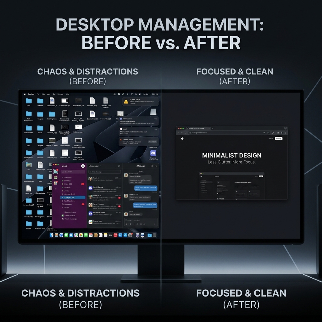 A split screen showing a cluttered monitor with notifications vs a single web window.