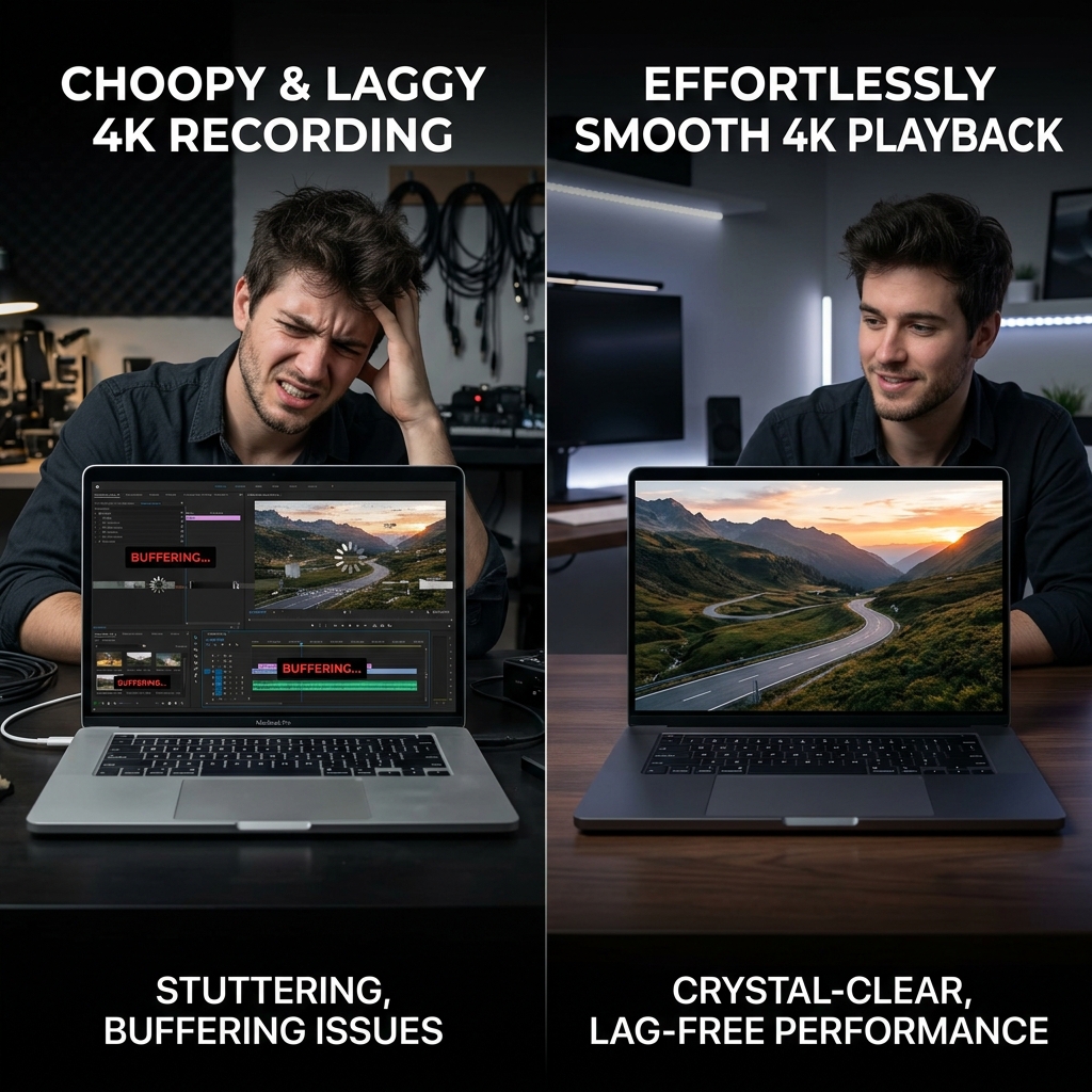 A split-screen comparison showing a laggy 4K recording vs a smooth, crystal-clear playback on a MacBook