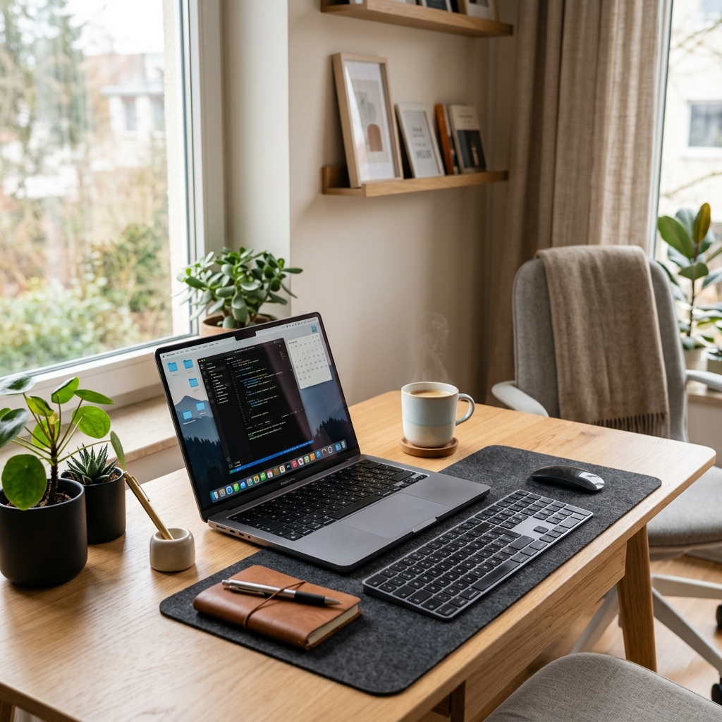 A clean, well-lit workspace featuring a sleek MacBook Pro open on a desk, illustrating a professional environment ready for recording.