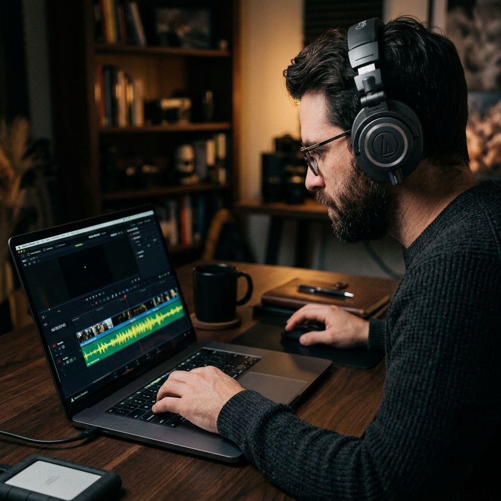 A creator in headphones at a desk editing an audio waveform on a laptop in a dimly lit room, representing voice recording quality work.