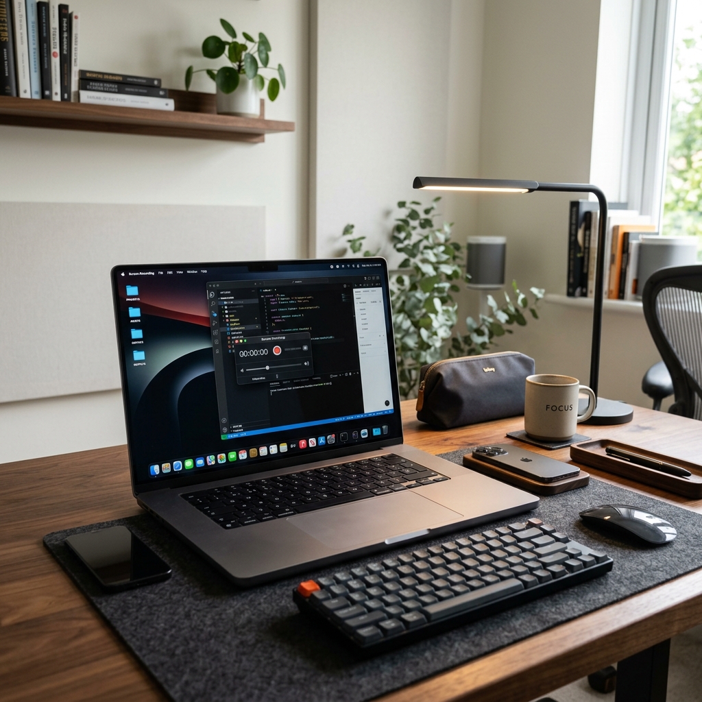 A MacBook Pro on a desk with a screen recording session in progress, representing OBS Studio running on macOS.