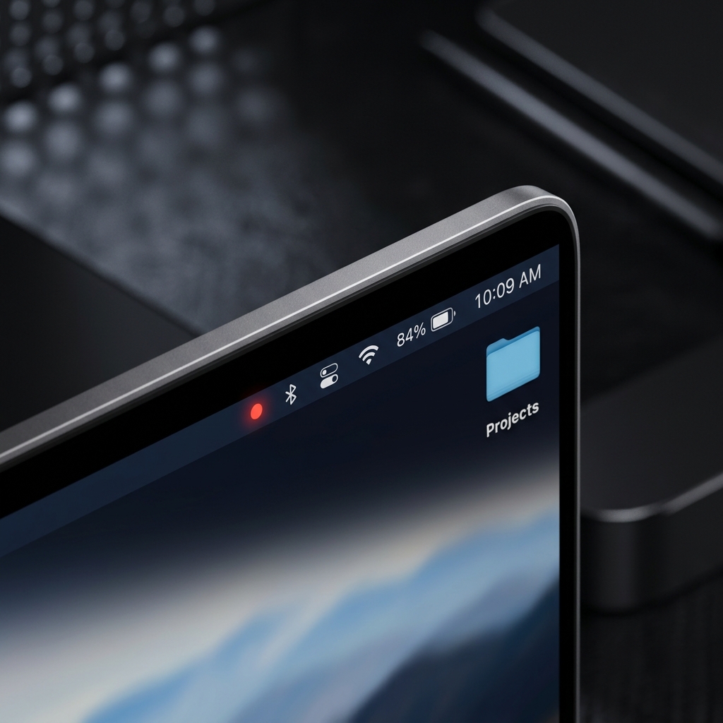 A close-up of a MacBook Pro menu bar showing a glowing red privacy indicator dot.