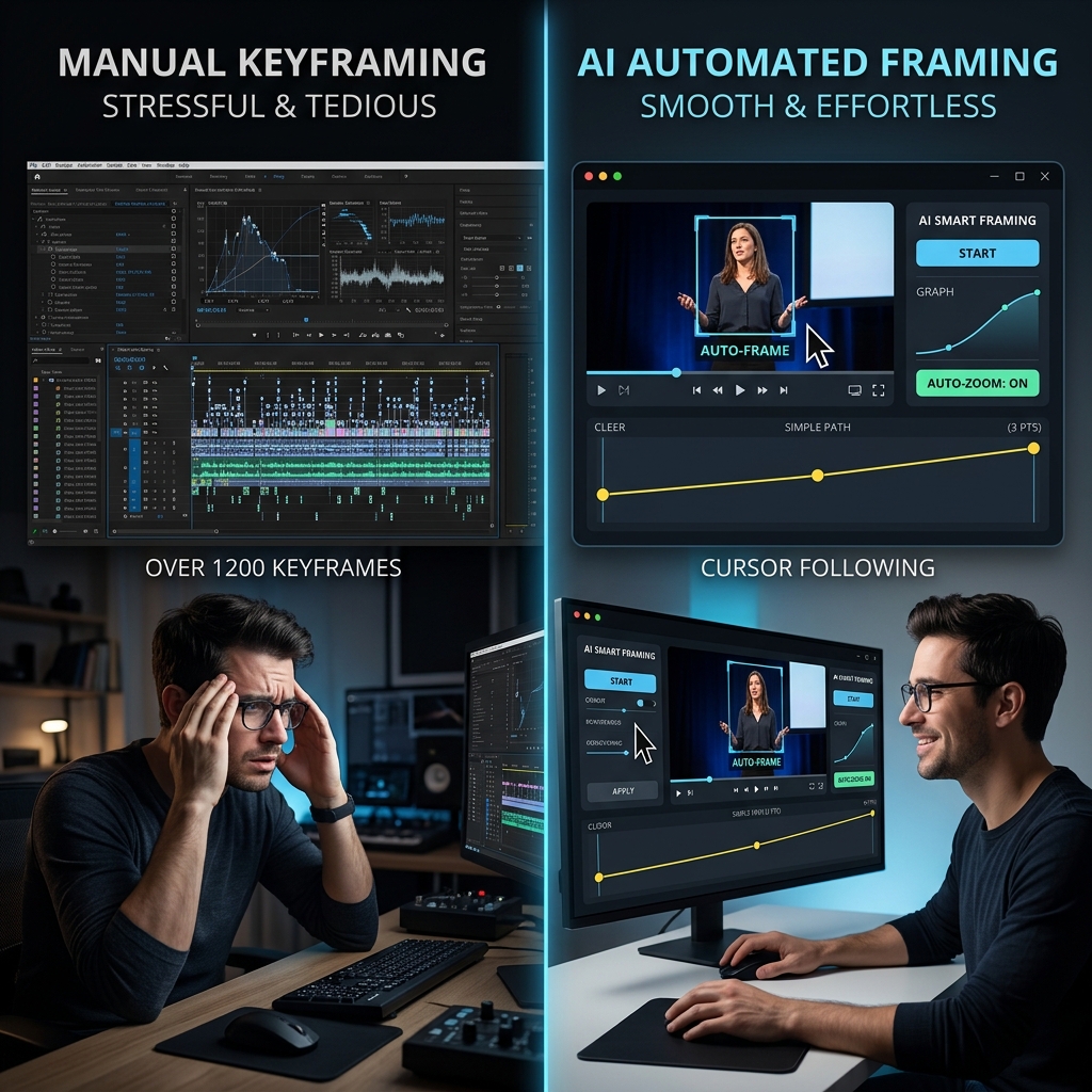 A split-screen visual comparing the dark, stressful timeline of manual keyframing vs the elegant revolution of AI Auto-Zoom