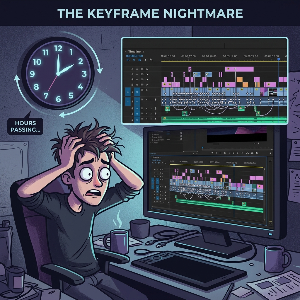 A graphic showing a frustrated creator wasting hours manually adding zoom keyframes in a video editor